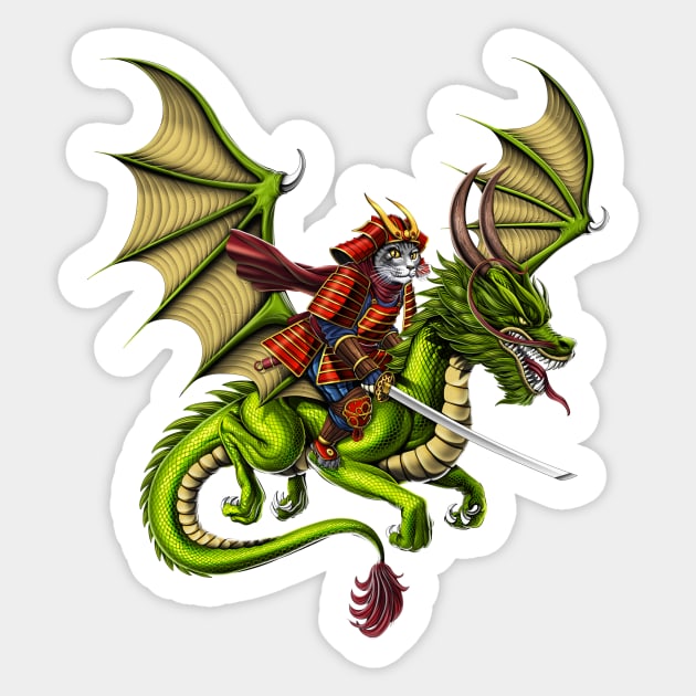 Japanese Samurai Cat Riding Dragon Sticker by underheaven